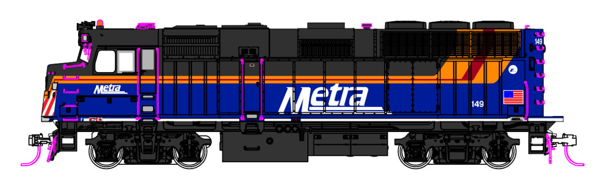 Kato HO Scale F40PH with Ditch lights Chicago Metra New Paint 149 w/Pre - Installed DCC + Sound - Fusion Scale Hobbies