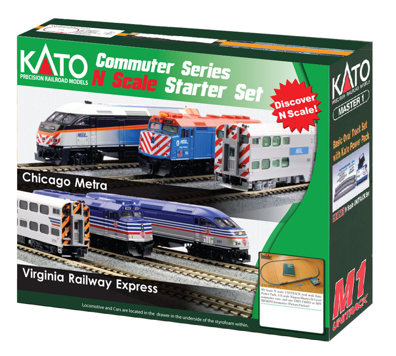 Kato N  Chicago Metra ‘New Paint’ EMD F40PH and Gallery Bi-Level Commuter Passenger Starter Set 106-0037