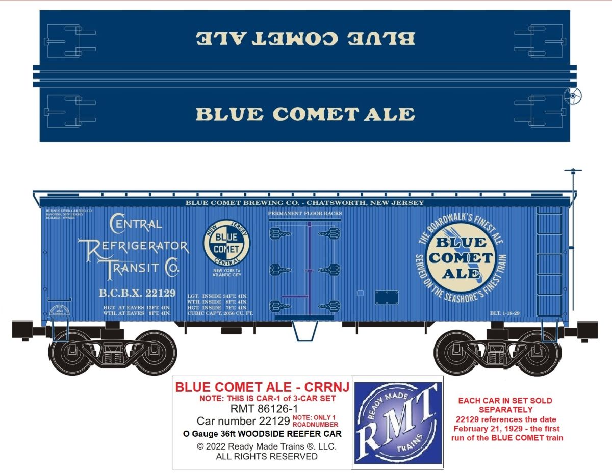 Ready Made Trains O Scale Woodside Reefer Blue Comet Beer - RMT861261