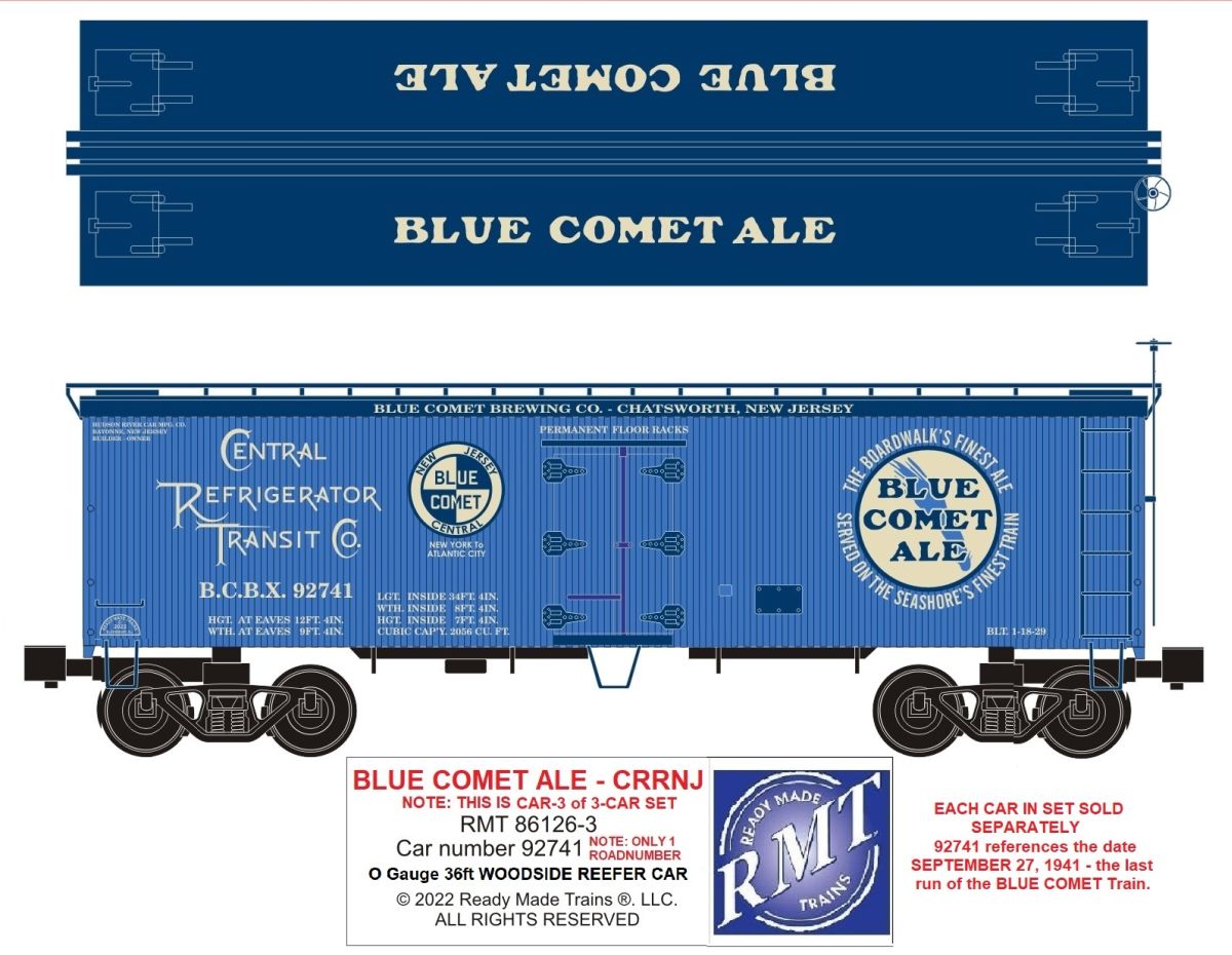 Ready Made Trains O Scale Woodside Reefer Blue Comet Beer - RMT861263