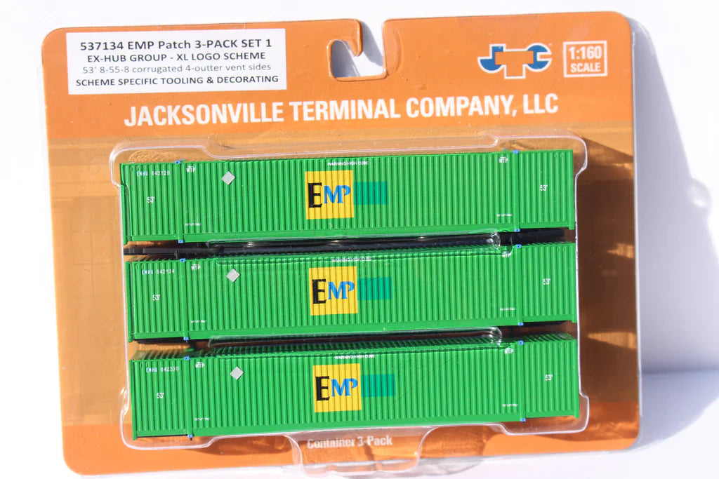 Jacksonville Terminal Co N EMP XL scheme (ex HUB patch) 53' HIGH CUBE 8-55-8 (3 pack) corrugated containers | 537134