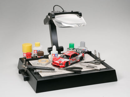 Tamiya Work Station with Magnifying Lens & LED Lights – Model Building Workbench Tool (74064)