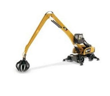 Model of a construction vehicle with a long arm and attachment on a white background